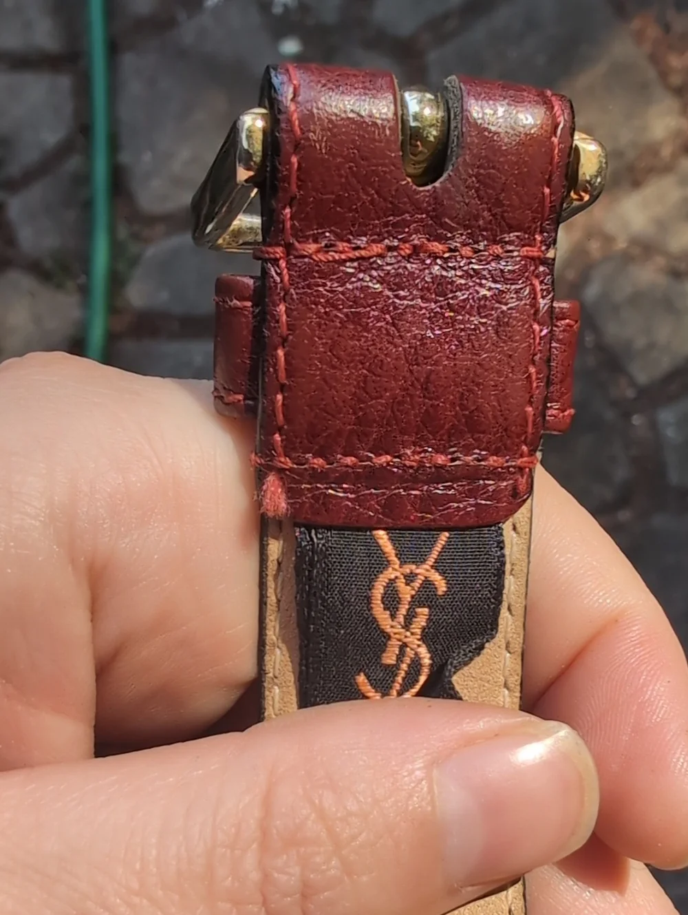 Double Logo Gold Yves Saint Laurent Brown Leather Belt with Gold Accent